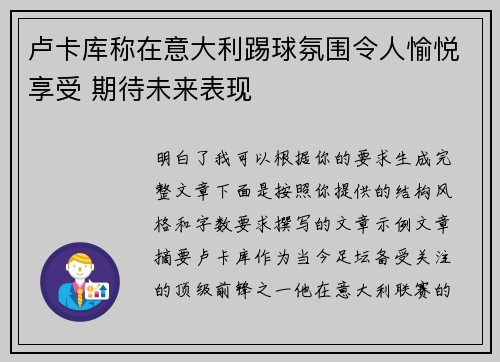 卢卡库称在意大利踢球氛围令人愉悦享受 期待未来表现